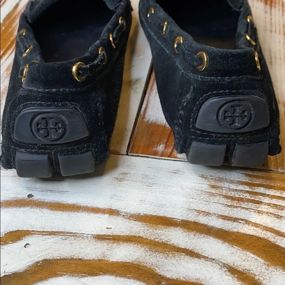 Tory Burch Black Gold Logo Suede Leather Loafer Shoes Size 6.5